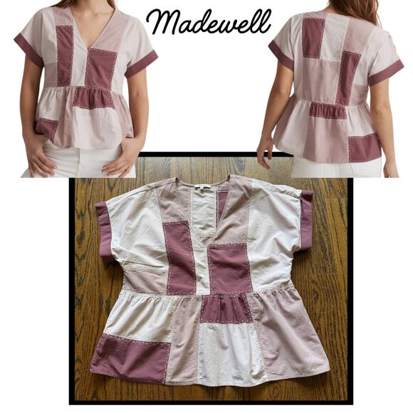 Madewell Signature Poplin Patchwork Peplum Top Rustic Coastal Boho Summer Casual - Picture 1 of 11